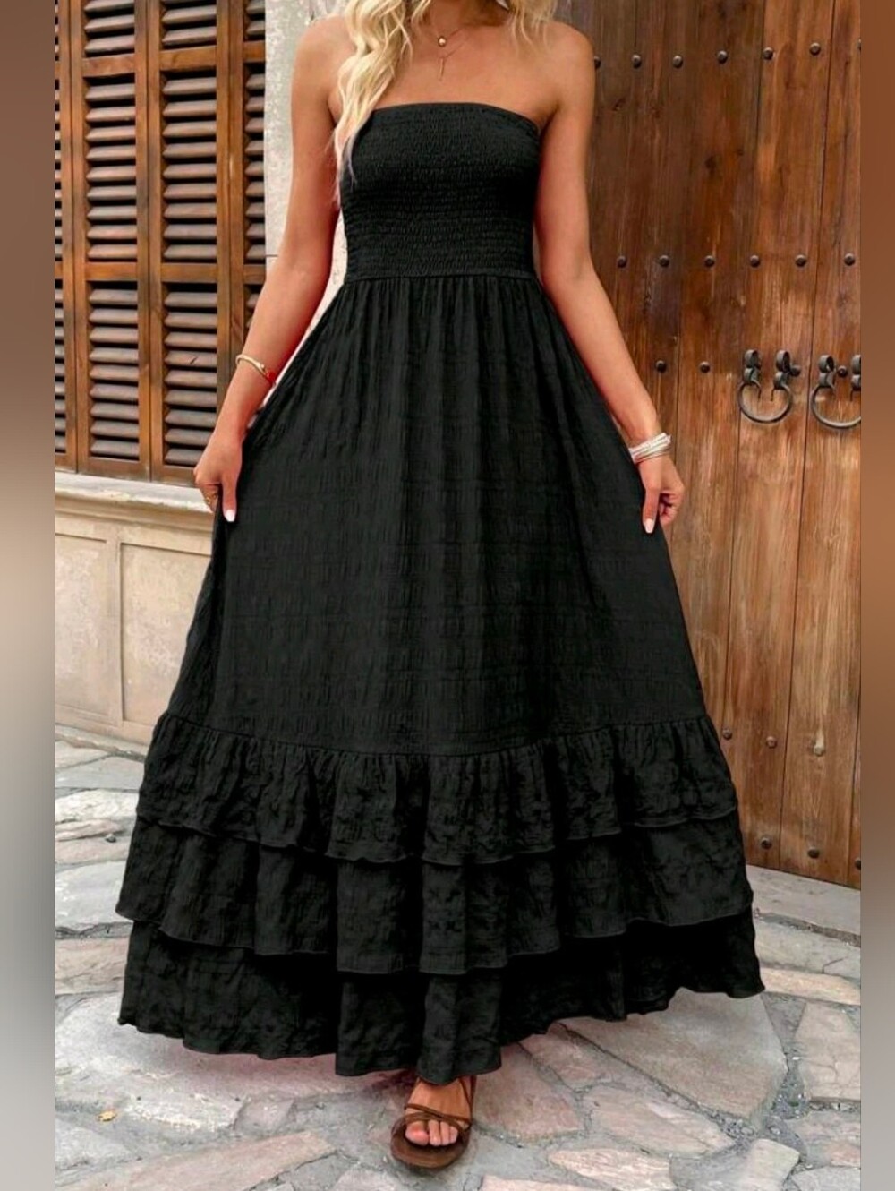 New Strapless Smocked Tiered Ruffle Maxi Dress Black - Picture 2 of 9